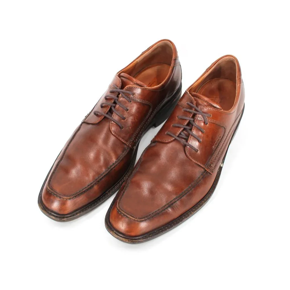 Ecco Brown Leather Lace Tie Almond Toe Derby 47 US 13.5 Wide Oxford Dress Shoes